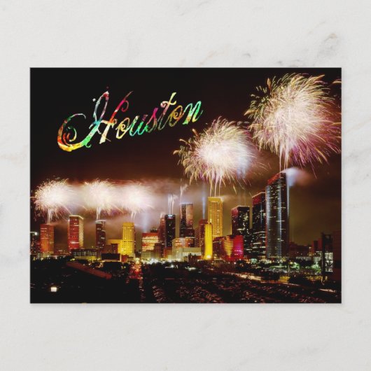 Skyline von Houston, Texas mit Feuerwerk Postkarte (Vorderseite)