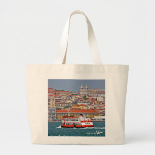 Skyline von Lissabon mit alter Fähre am Fluss Tagu Jumbo Stoffbeutel