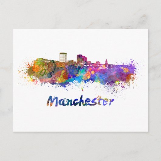 Skyline von Manchester NH in Aquarellfarben Postkarte (Vorderseite)
