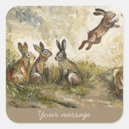 Skyward Fluff Meadow Hare Whimsical Rabbit Family  Quadratischer Aufkleber