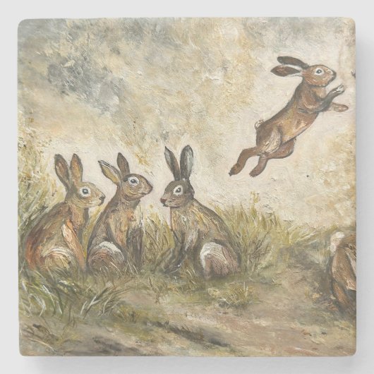 Skyward Fluff Meadow Hare Whimsical Rabbit Family Steinuntersetzer (Vorderseite)