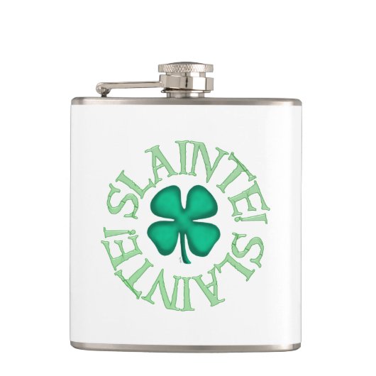 Slainte mit weißem Kleeblatt umhüllte Flasche Flachmann (Vorderseite)