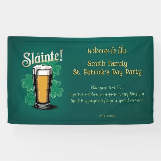 Slàinte! St. Patrick's Day Pint of Beer on Green Banner (Horizontal)