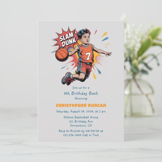 Slam Dunk Boy Birthday Bash Einladung (Stehend Vorderseite)