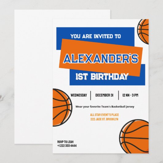 Slam Dunk Einladung zum ersten Geburtstag (Vorne/Hinten)