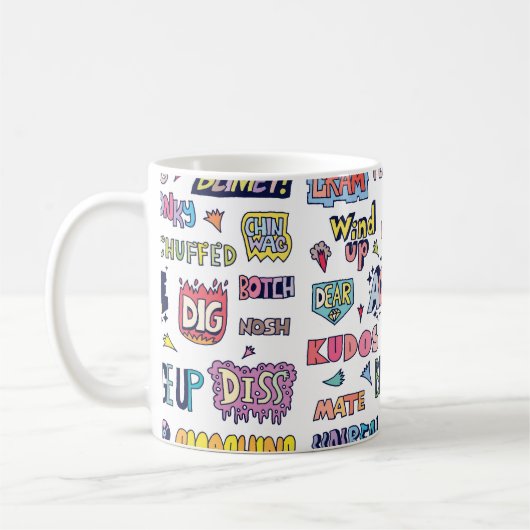 Slang Words Doodle Letter in englischer Sprache Kaffeetasse (Links)