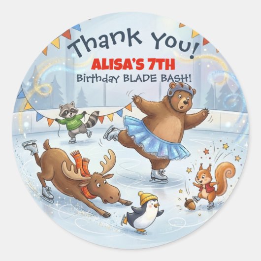 Slapstick Ice Skating Birthday Thank you sticker (Vorderseite)