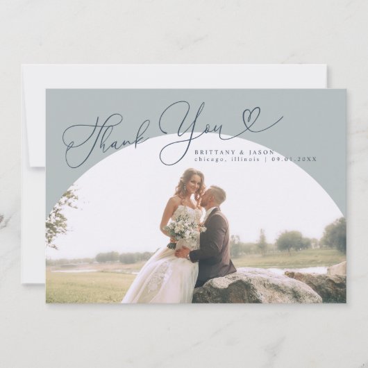 Slate Blue Arch Wedding Danke, Script Dankeskarte (Vorderseite)