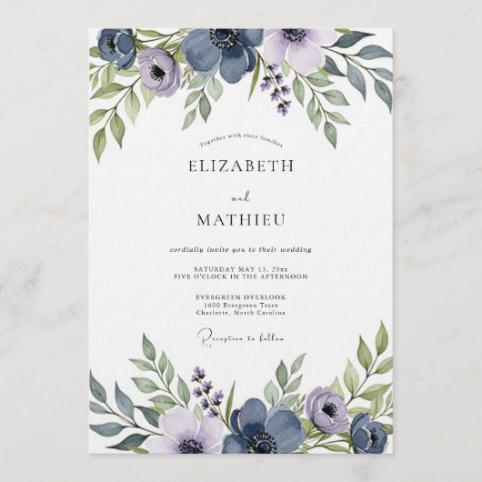 Slate Blue Artistic Floral Wedding Einladung (Vorderseite)