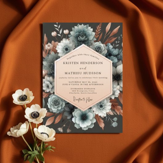 Slate Blue Autumn Bloom Wedding Einladung