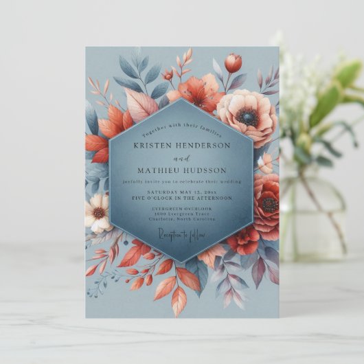 Slate Blue Autumnal Bloom Wedding Einladung (Stehend Vorderseite)