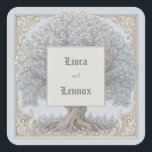 Slate Blue Baroque Gnarled Tree Frame Wedding Quadratischer Aufkleber<br><div class="desc">Infuse your celebration with the timeless elegance and symbolic strength of this masterfully etched botanical illustration. The piece features a magnificent gnarled tree with an intricate web of fine leaf detail and powerful sprawling tree root, all set against a serene slate blue canvas. An ornate baroque scrollwork border encloses the...</div>