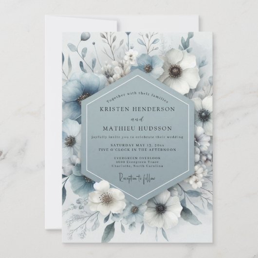 Slate Blue Bloom Frost Wedding Einladung (Vorderseite)