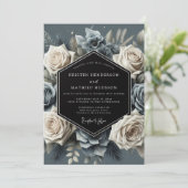 Slate Blue Bloom Opulent Wedding Einladung (Stehend Vorderseite)