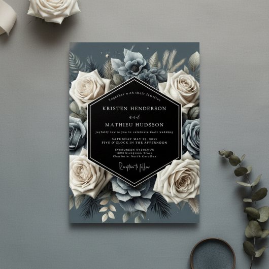 Slate Blue Bloom Opulent Wedding Einladung