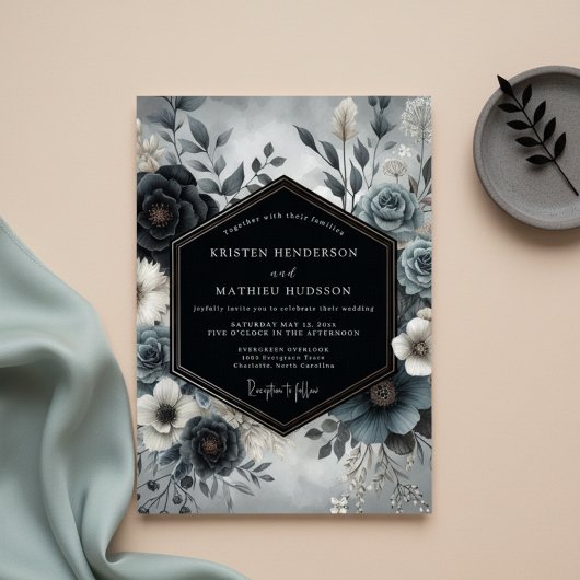 Slate Blue Bloom Wedding Einladung