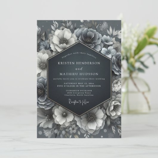 Slate Blue Bloom Wedding Einladung (Stehend Vorderseite)