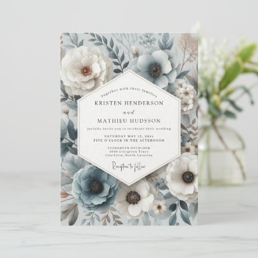 Slate Blue Botanical Bloom Wedding Einladung (Stehend Vorderseite)