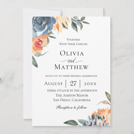 Slate Blue Botanical Wedding Einladung (Vorderseite)