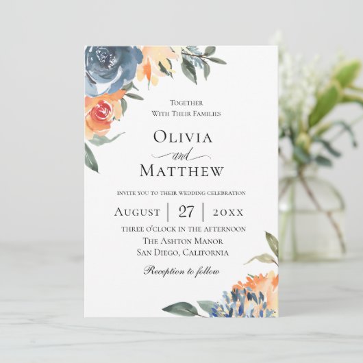 Slate Blue Botanical Wedding Einladung (Stehend Vorderseite)