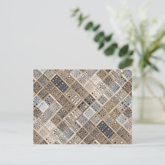 Slate Blue Brown Sari Mosaik Muster Art Postkarte (Stehend Vorderseite)