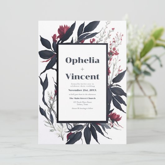 Slate Blue Burgundy Blushing Bride Floral Wedding Einladung (Stehend Vorderseite)