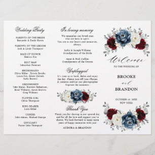 Slate Blue Burgundy Boho Wedding Tri-Fold Programm