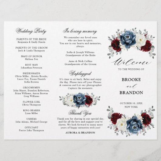 Slate Blue Burgundy Boho Wedding Tri-Fold Programm (Vorderseite)