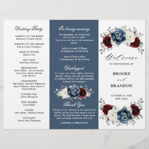 Slate Blue Burgundy Boho Wedding Tri-Fold Programm