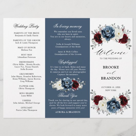 Slate Blue Burgundy Boho Wedding Tri-Fold Programm (Vorderseite)