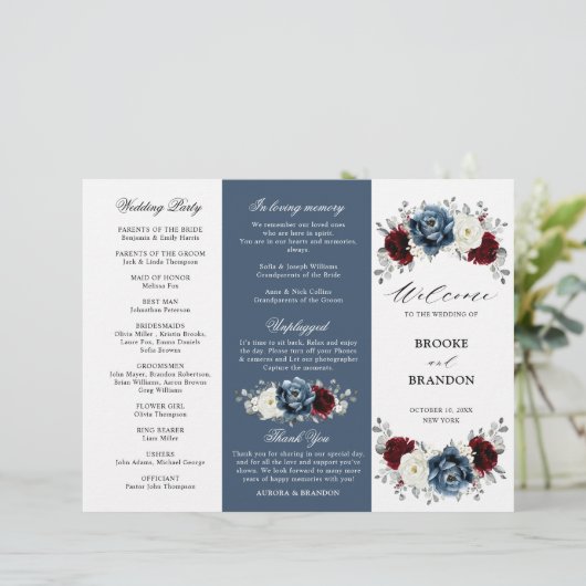 Slate Blue Burgundy Boho Wedding Tri-Fold Programm (Stehend Vorderseite)
