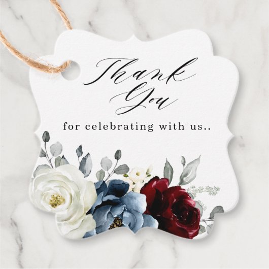 Slate Blue Burgundy White Ivory Bluoral Wedding Geschenkanhänger (Vorderseite)