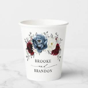 Slate Blue Burgundy White Ivory Bluoral Wedding Pappbecher
