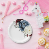 Slate Blue Burgundy White Ivory Bluoral Wedding Pappteller (Party)