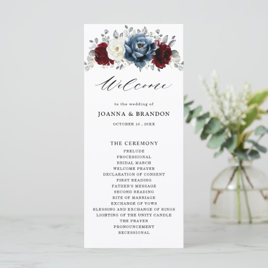 Slate Blue Burgundy White Ivory Bluoral Wedding Programm (Stehend Vorderseite)