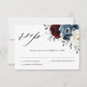 Slate Blue Burgundy White Ivory Bluoral Wedding RSVP Karte (Vorderseite)