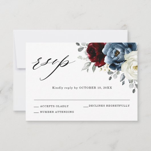 Slate Blue Burgundy White Ivory Bluoral Wedding RSVP Karte (Vorderseite)