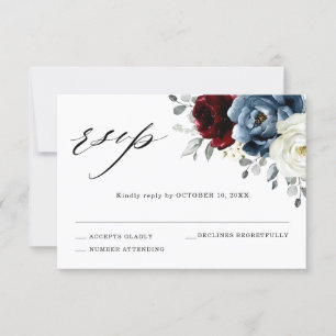 Slate Blue Burgundy White Ivory Bluoral Wedding RSVP Karte