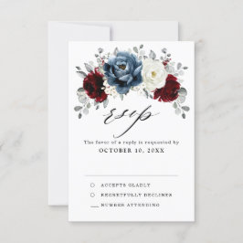 Slate Blue Burgundy White Ivory Bluoral Wedding RSVP Karte