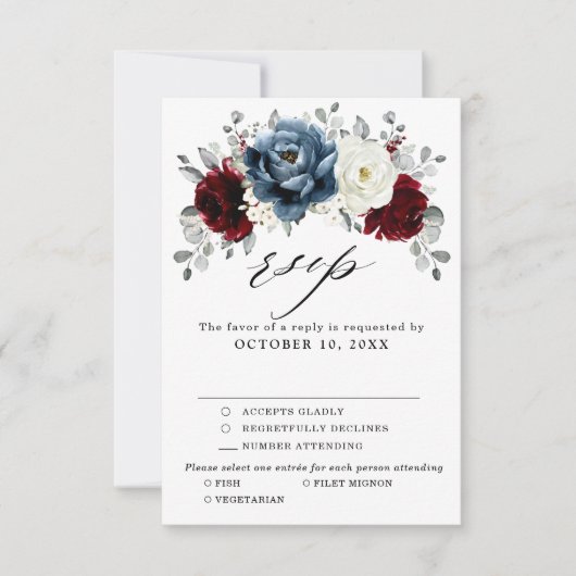 Slate Blue Burgundy White Ivory Bluoral Wedding RSVP Karte (Vorderseite)