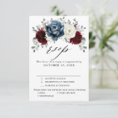 Slate Blue Burgundy White Ivory Bluoral Wedding RSVP Karte (Stehend Vorderseite)