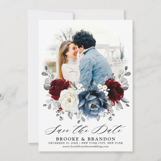 Slate Blue Burgundy White Ivory Bluoral Wedding Save The Date (Vorderseite)