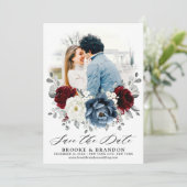 Slate Blue Burgundy White Ivory Bluoral Wedding Save The Date (Stehend Vorderseite)