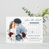 Slate Blue Burgundy White Ivory Bluoral Wedding Save The Date (Stehend Vorderseite)