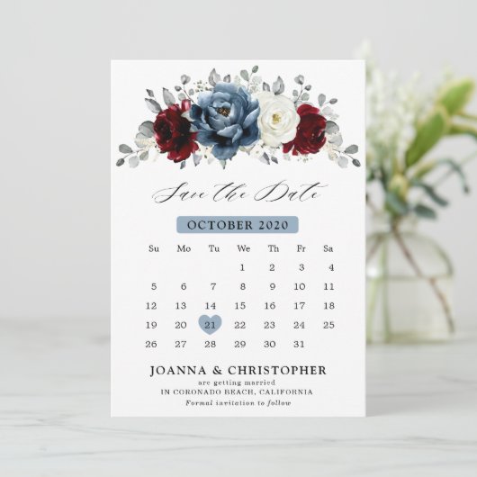 Slate Blue Burgundy White Ivory Bluoral Wedding Save The Date (Stehend Vorderseite)