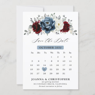 Slate Blue Burgundy White Ivory Bluoral Wedding Save The Date