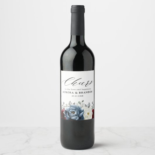 Slate Blue Burgundy White Ivory Bluoral Wedding Weinetikett (Vorderseite)