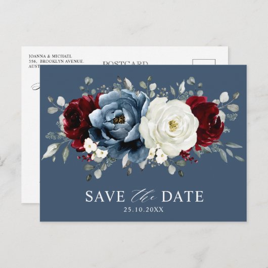 Slate Blue Burgundy White Ivory Boho Save the Date Postkarte (Vorne/Hinten)