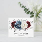 Slate Blue Burgundy White Ivory Boho Save the Date Postkarte (Stehend Vorderseite)