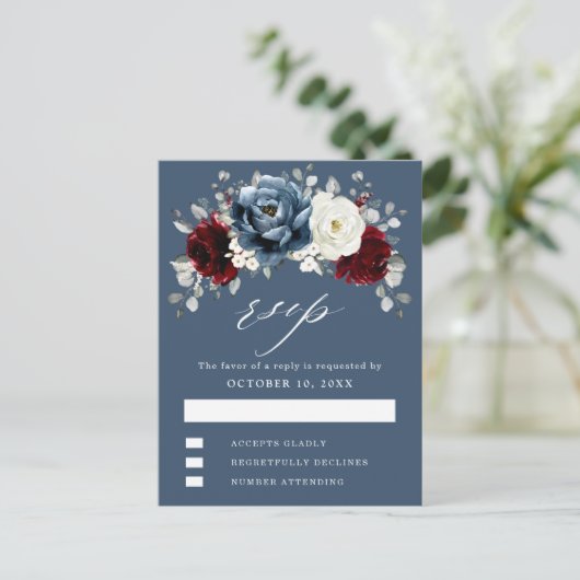 Slate Blue Burgundy White Ivory Boho Wedding RSVP Postkarte (Stehend Vorderseite)